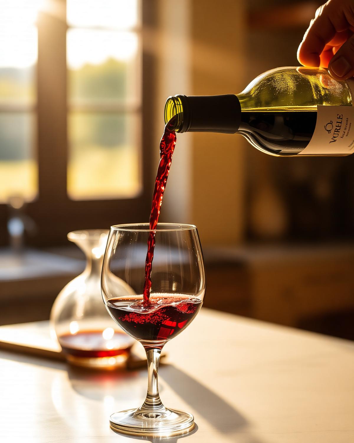 Italian red wine being poured in a sunlit vineyard kitchen